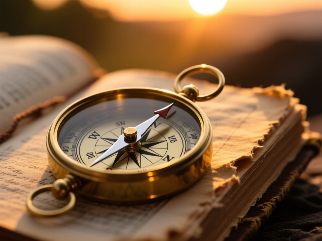 A compass on a worn journal during sunset, golden light illuminating the needle pointing northeast, shallow focus, warm tones, symbolic of discovery, no human elements.