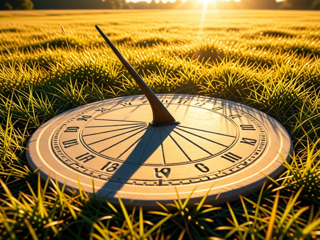 A single sundial casting a sharp noon shadow in an open field. Golden light emphasizes the precise time marker. Symbolizes perfect timing and clarity. No people.
