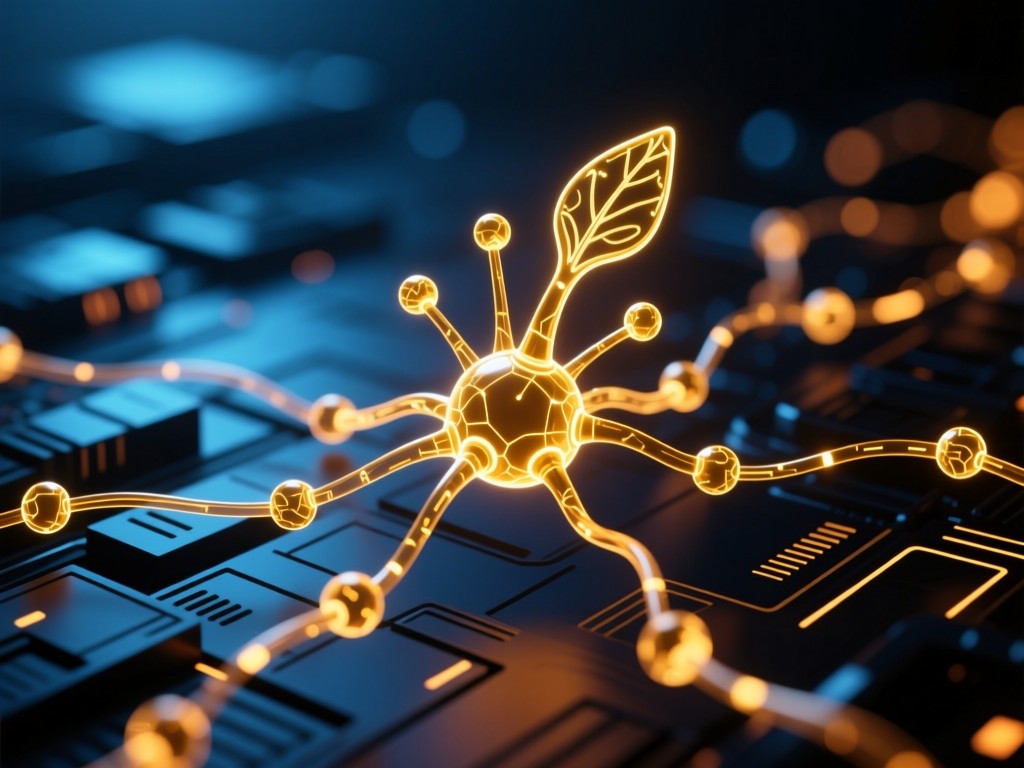 Single neural network node illustration glowing gold in a dark tech background, connected lines fading into distance, cinematic lighting, deep blue and amber contrast, symbolic of growth and connections.