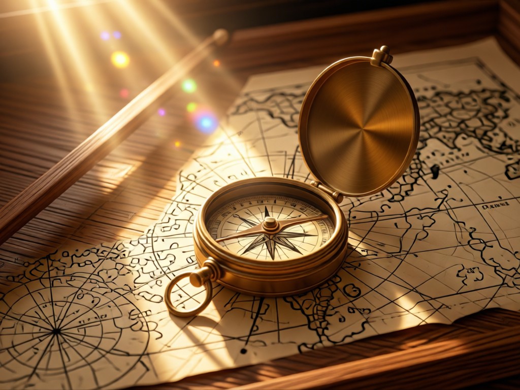 Compass resting on nautical chart with sunbeam pointing north. Warm wood textures and subtle lens flare. Symbolizes being found. No people.