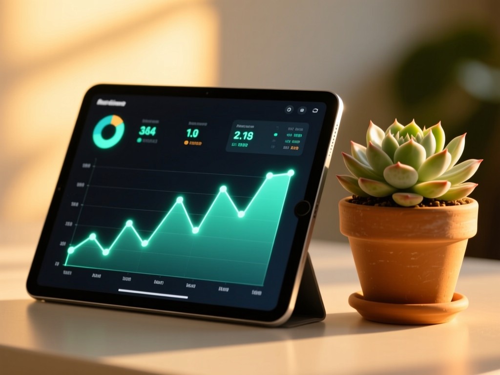 A tablet showing glowing performance graphs next to a potted succulent. Golden hour light highlights the screen data. Clean and analytical. No people.