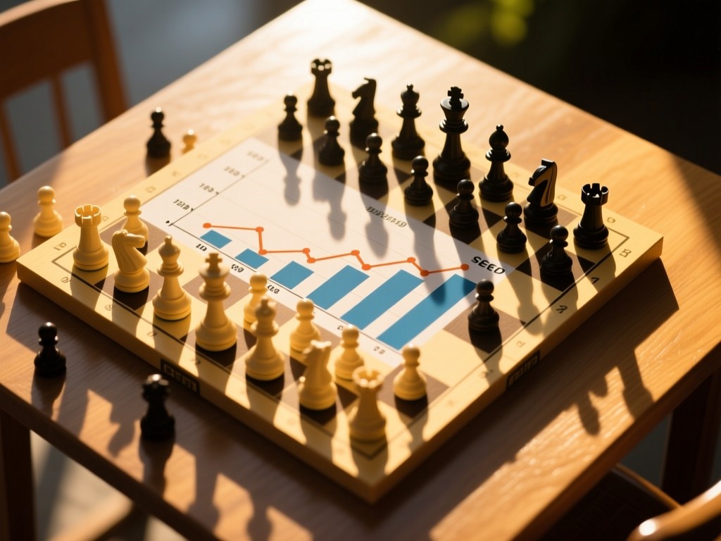 Aerial view of a chessboard with ranking graphs instead of pieces on a sunlit table. Symbolizes strategic SEO victories. Golden hour lighting creates long shadows. No people.