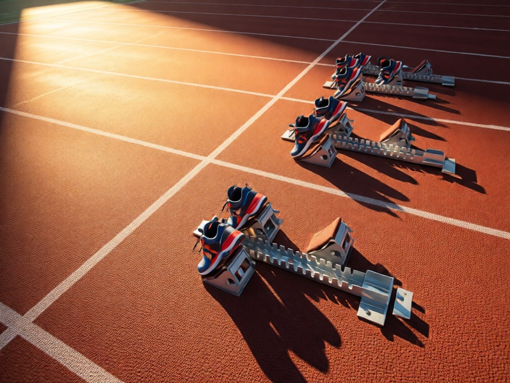 An aerial view of running shoes precisely aligned on a starting block. Sunlight creates dramatic shadows on the track. Symbolizes readiness and precision. No people.