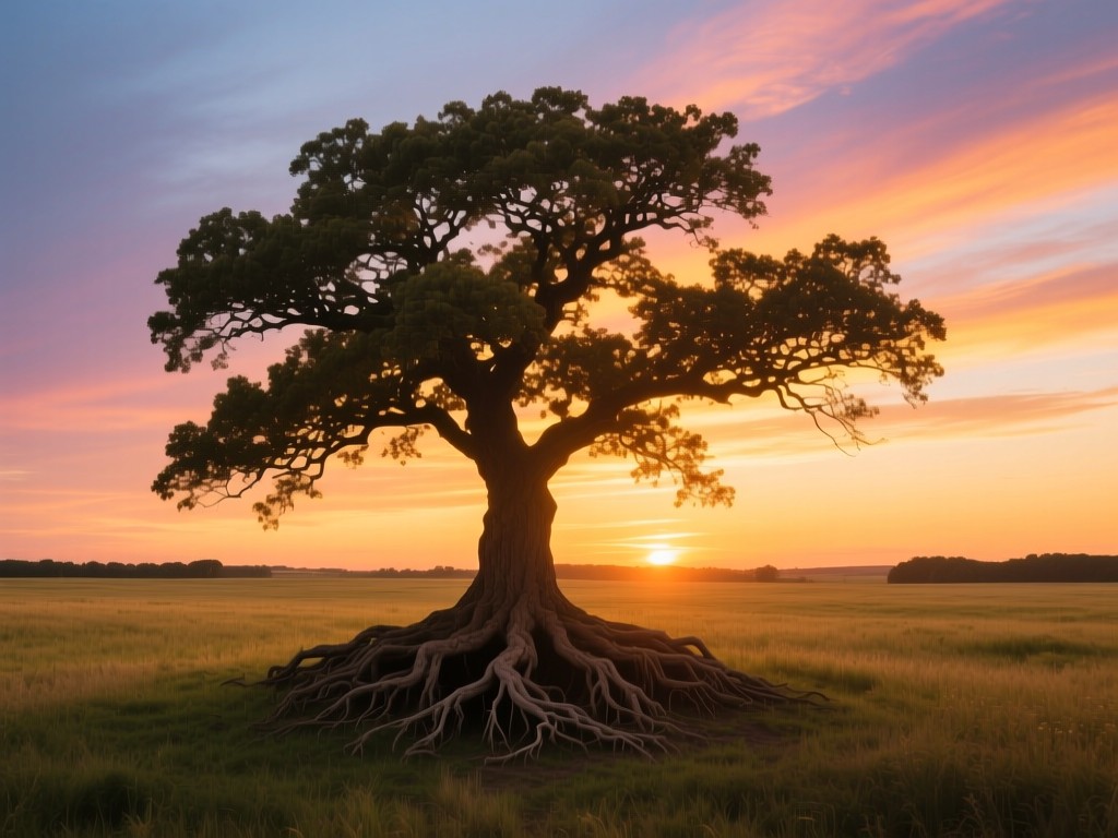 A single oak tree in an open field at sunset, roots deep and branches stretching wide against colorful sky, symbolizing strong foundations and growth potential, warm golden hour lighting, no people.