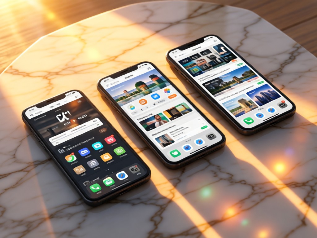 Three angled phone mockups showing different app interfaces on a marble surface. Golden hour light casts warm reflections. No people or hands.