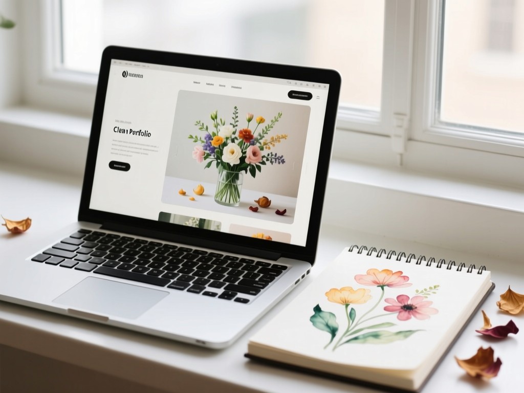 A laptop open to a clean portfolio website showing floral arrangements. Beside it, a sketchbook with watercolor flower drawings and dried petals. Soft daylight from a large window. No people.