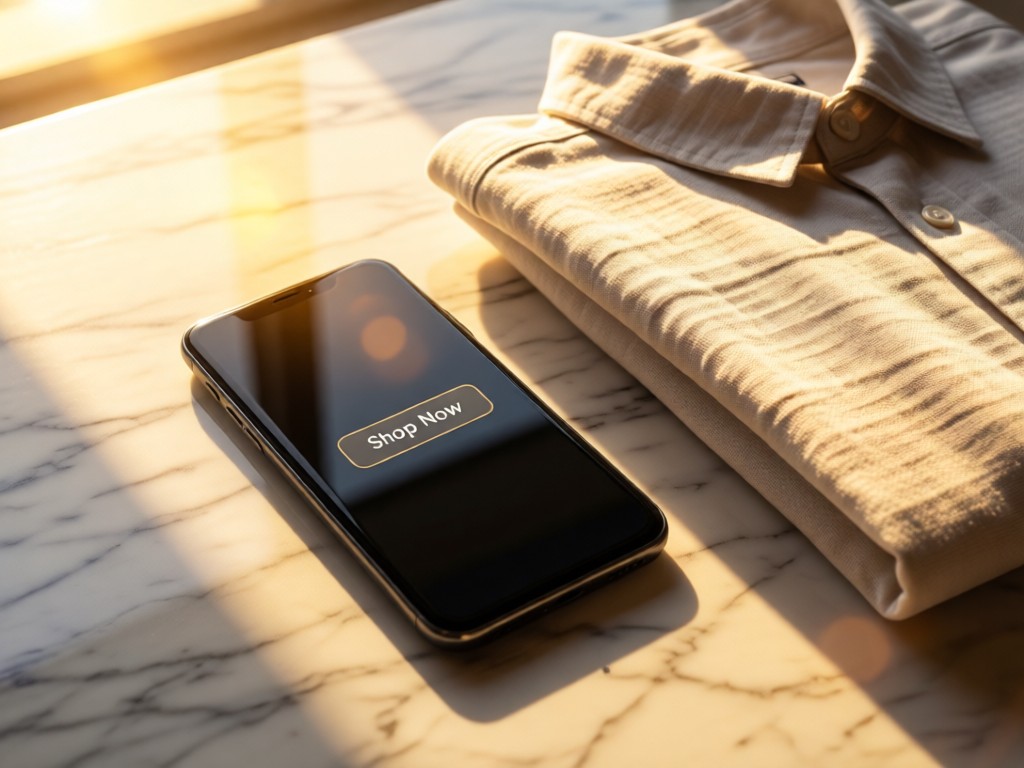 A sleek smartphone displaying a 'Shop Now' button beside a folded linen shirt on a marble surface. Golden hour light creates warm reflections. Clean and conversion-focused. No people.