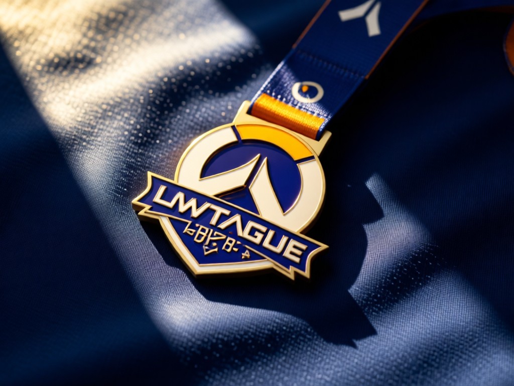Top-down shot of an Overwatch League-style medal resting on navy fabric. Golden light creates dramatic shadows. Clean composition with negative space. No people.