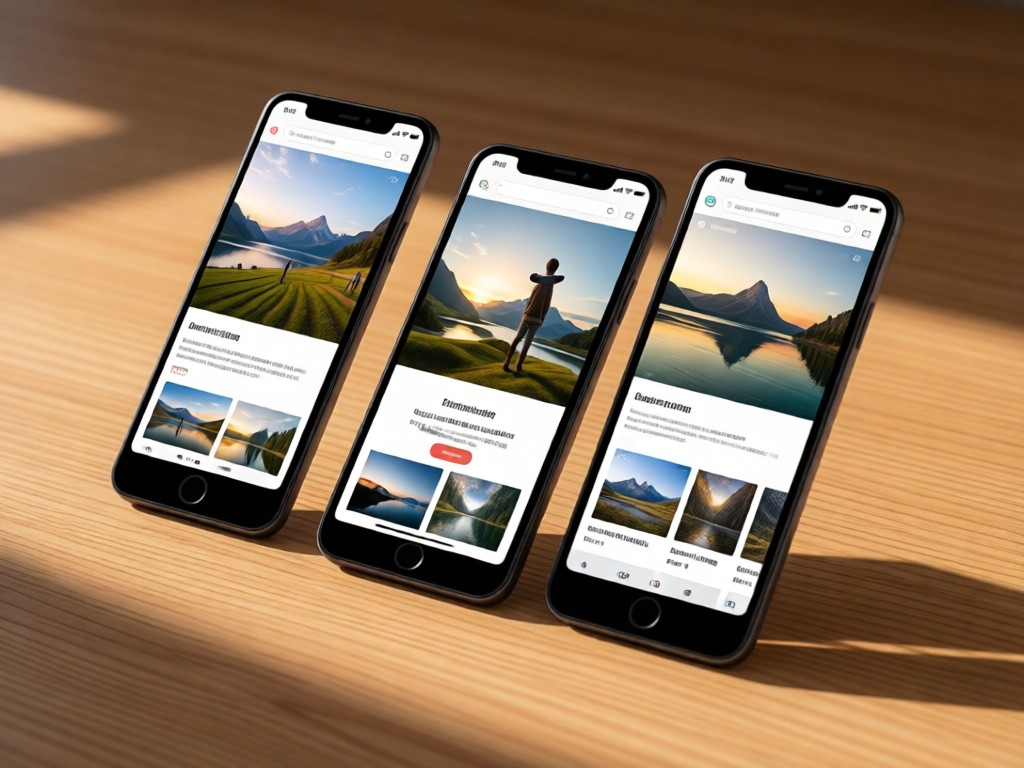 Three angled smartphones showing the same photography website on different screens. Natural wood background with soft shadows.