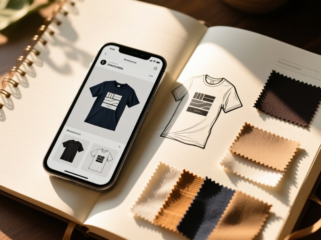 A smartphone displaying a tshirt design portfolio beside a sketchbook with fabric samples. Sunlight creates warm highlights on the paper texture. No people.