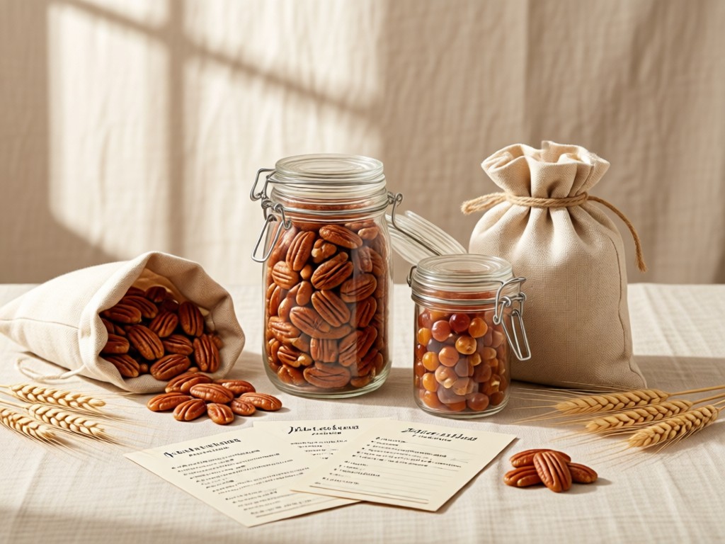 Stylish flat lay of artisan pecan products: glass jars of candied pecans, cloth bags, and recipe cards. Natural linen backdrop with soft wheat accents. Diffused window light. No people.