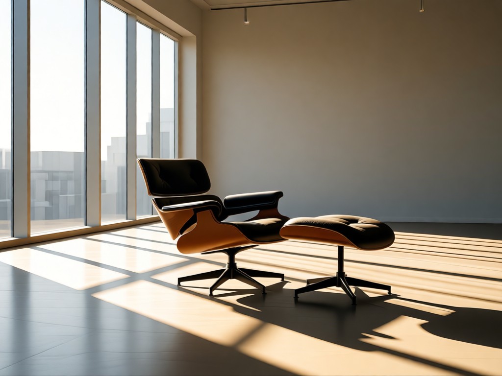 A single modern lounge chair in an empty sunlit studio. Floor-to-ceiling windows create long shadows. Clean lines emphasize focus on craftsmanship. Morning light atmosphere. No people.