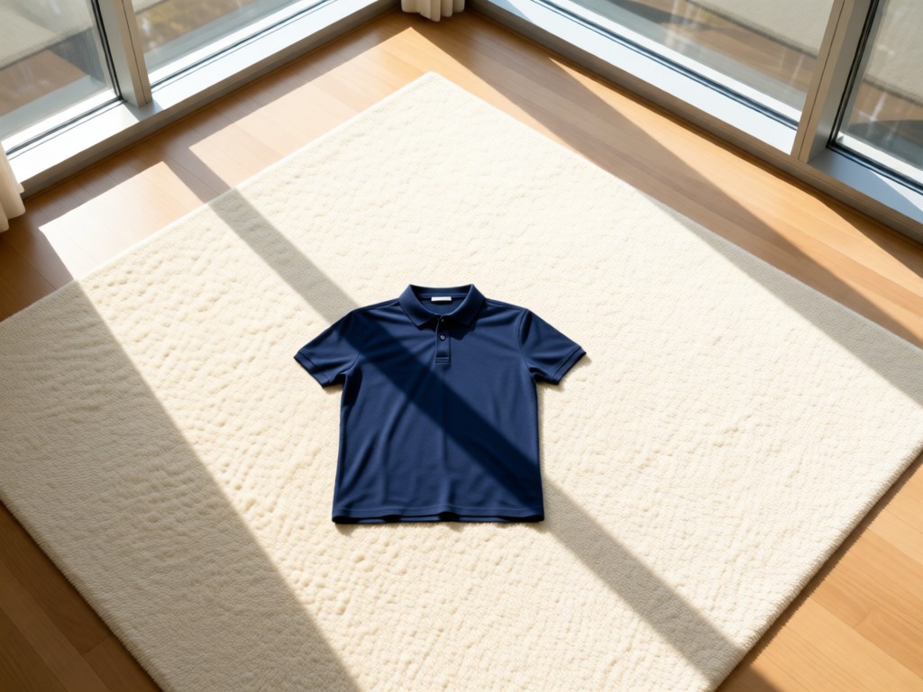 Aerial view of a single navy blue polo shirt centered on a cream rug. Sunlight streams from floor-to-ceiling windows. Minimalist composition symbolizes focus and clarity. No people.