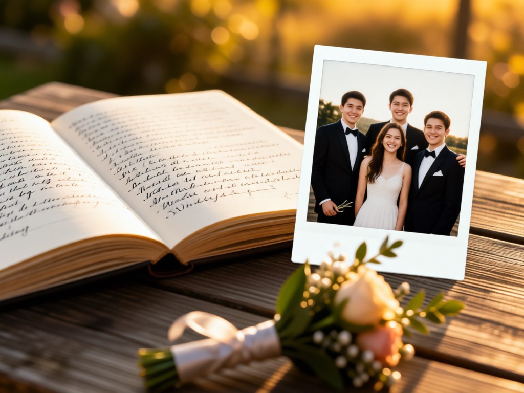 An open journal with handwritten notes next to a polaroid of smiling teens in formal wear. Soft focus on a boutonniere in the foreground. Warm golden hour lighting. No people.