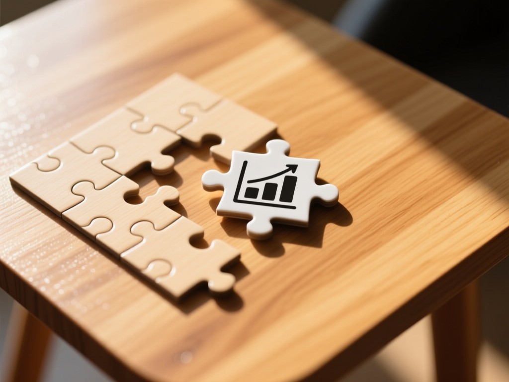 Aerial view of a puzzle nearly completed on a sunlit table. The last piece shows a bar chart icon. Warm wood textures with soft focus edges. Symbolizes unified data presentation. No people.