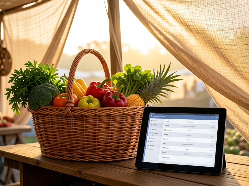 A woven market basket holding fresh produce beside a digital tablet showing a simple inventory dashboard. Soft morning light through market tent fabric. No people.