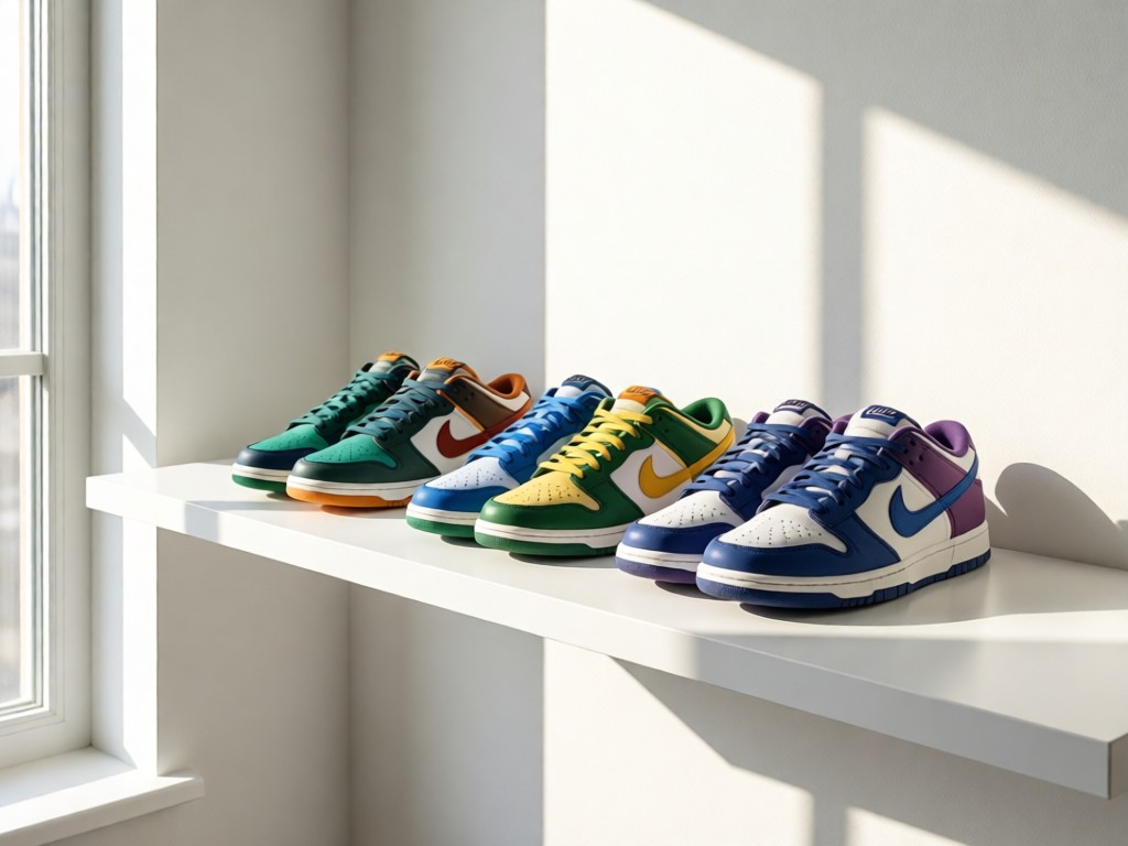 A minimalist white shelf displaying three pairs of Nike Dunks in different colorways. Soft window light creates clean shadows. No people.