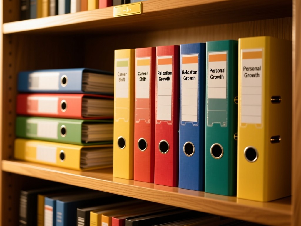 Neatly stacked color-coded binders on a wooden shelf with gold hour light. Each labeled: Career Shift, Relocation, Personal Growth. No people.