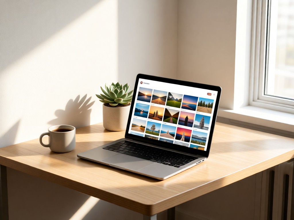 A minimalist desk with an open laptop displaying a grid-based photo portfolio. Beside it, a single coffee cup and succulent plant in soft morning light. Clean composition with breathing room. No people.