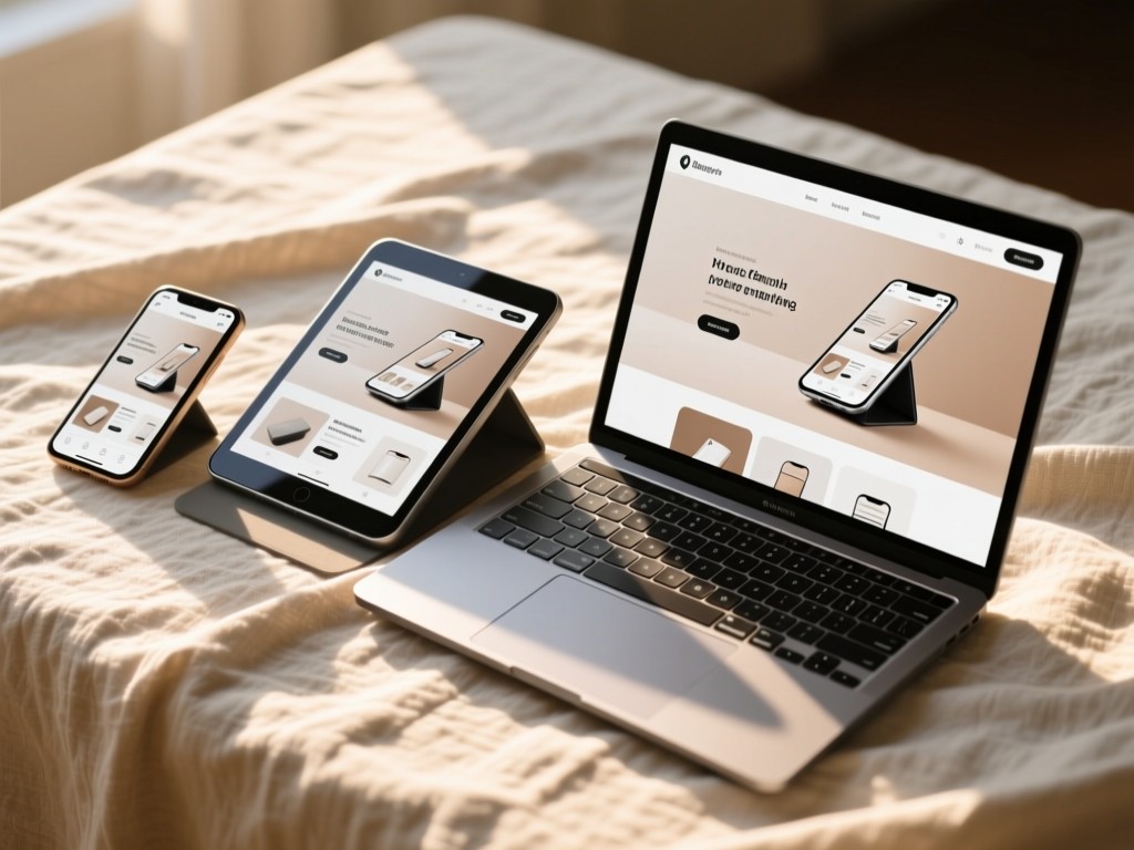 Three angled devices (phone, tablet, laptop) showing the same product page on a linen cloth. Sunlight creates gentle gradients. No people.