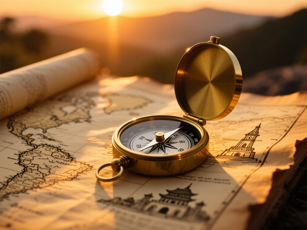 A compass on an open map during sunset, golden light highlighting cultural landmarks sketched on parchment, soft shadows, warm amber tones, shallow focus, symbolic of discovery and navigation.