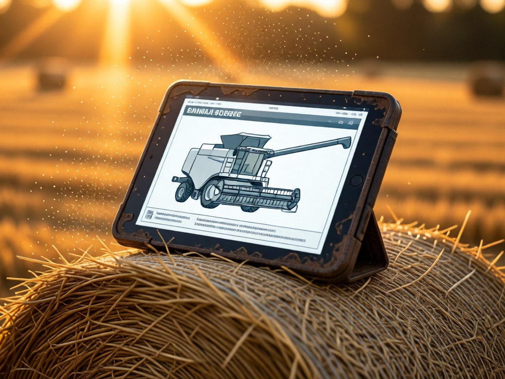 A rugged tablet displaying a combine harvester specs sheet. Balanced on a hay bale at golden hour. Dust particles in sunbeams. No people.