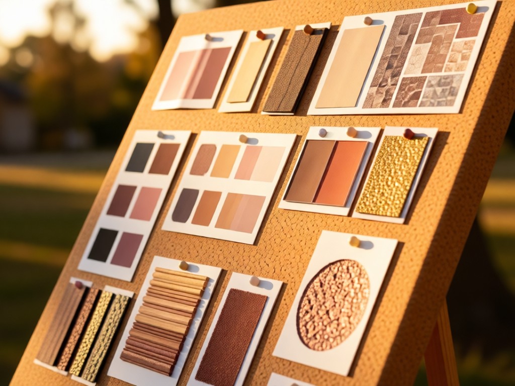 An angled view of a designer mood board with cohesive makeup color swatches and texture samples pinned to cork. Golden hour light illuminates the arrangement. Soft focus background. No people.