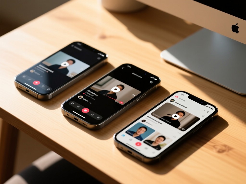 Three angled smartphones showing different short video platforms on screens. Arranged on a sunlit wooden desk with soft shadows. Minimalist tech aesthetic with warm lighting. No people.