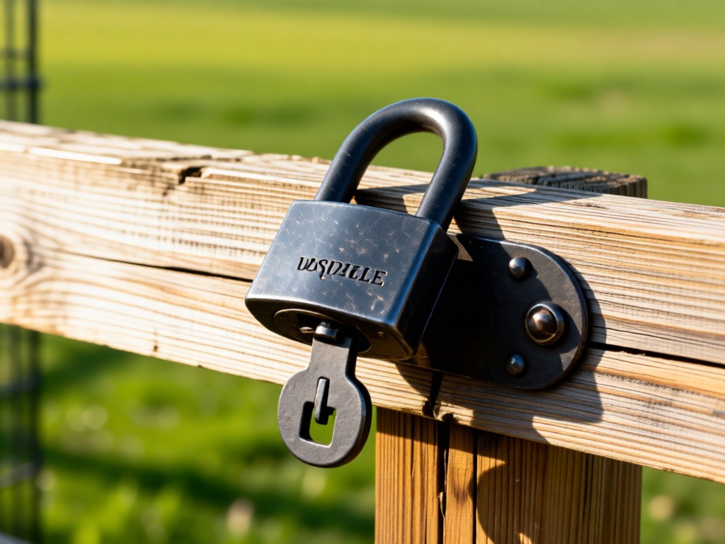 A sturdy forged steel dog crate lock resting on sun-bleached cedar fencing. Sharp focus on the mechanism, blurred green field beyond. Symbolizes security. No people.
