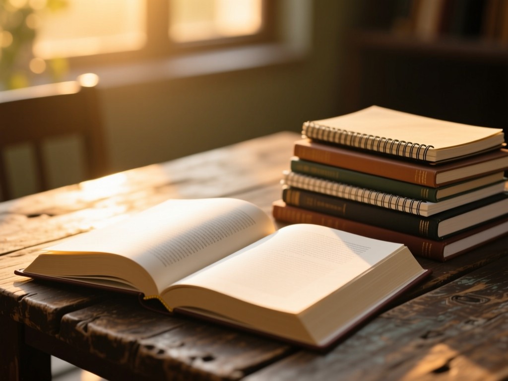 An open textbook and stack of notebooks on a rustic table during golden hour, soft sunlight illuminating blank pages, warm academic atmosphere, shallow focus, no text visible.