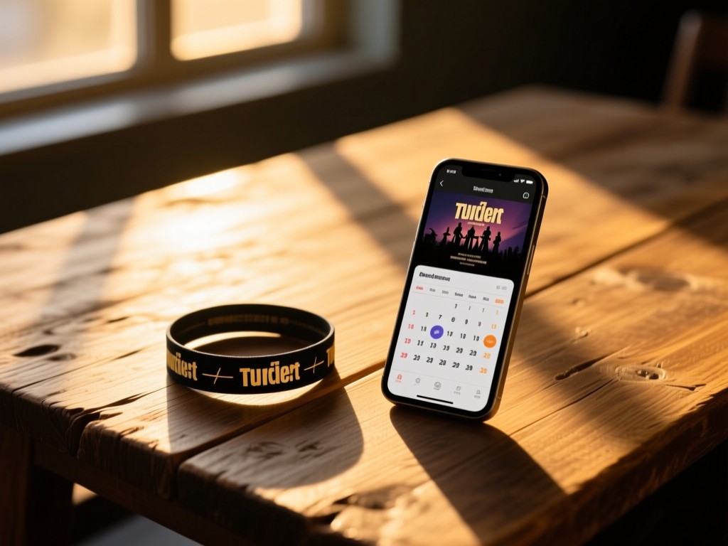 A concert wristband and smartphone showing a tour calendar on a rustic wooden table at golden hour, soft window light casting long shadows, minimalist composition, no text visible.