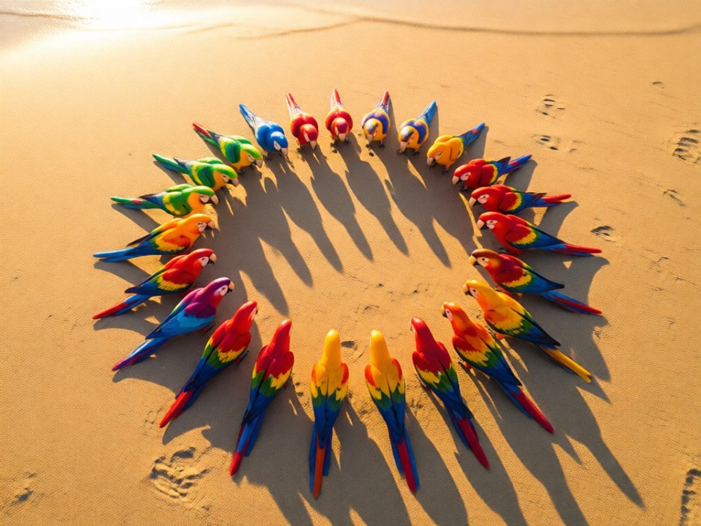 Aerial view of colorful parrot toys arranged in a circle on sand. Late afternoon sun creates long shadows. Symbolizes organization and vibrancy.