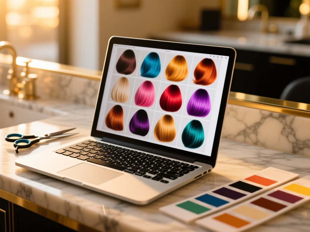 Open laptop on a marble salon station during golden hour, screen displaying a grid of vibrant hair color transformations, shears and color swatches nearby, soft natural lighting, shallow depth of field.