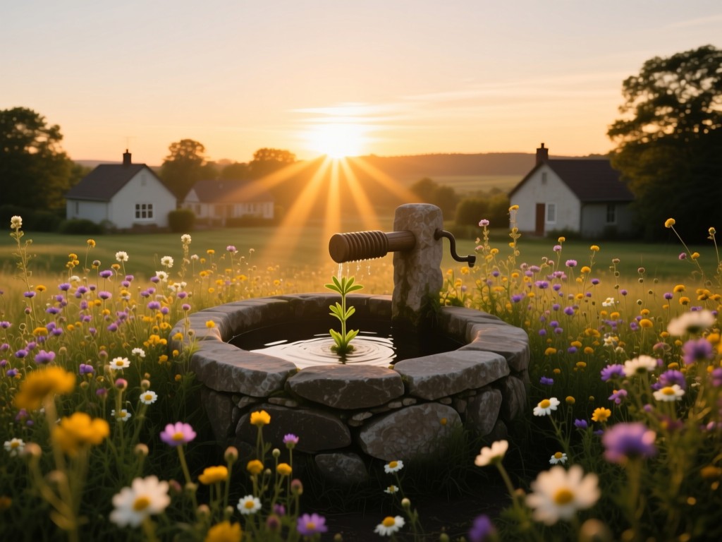 A stone community well surrounded by flourishing wildflowers at sunset, golden light radiating from center, symbolizing unity and growth, soft shadows, minimalist composition.