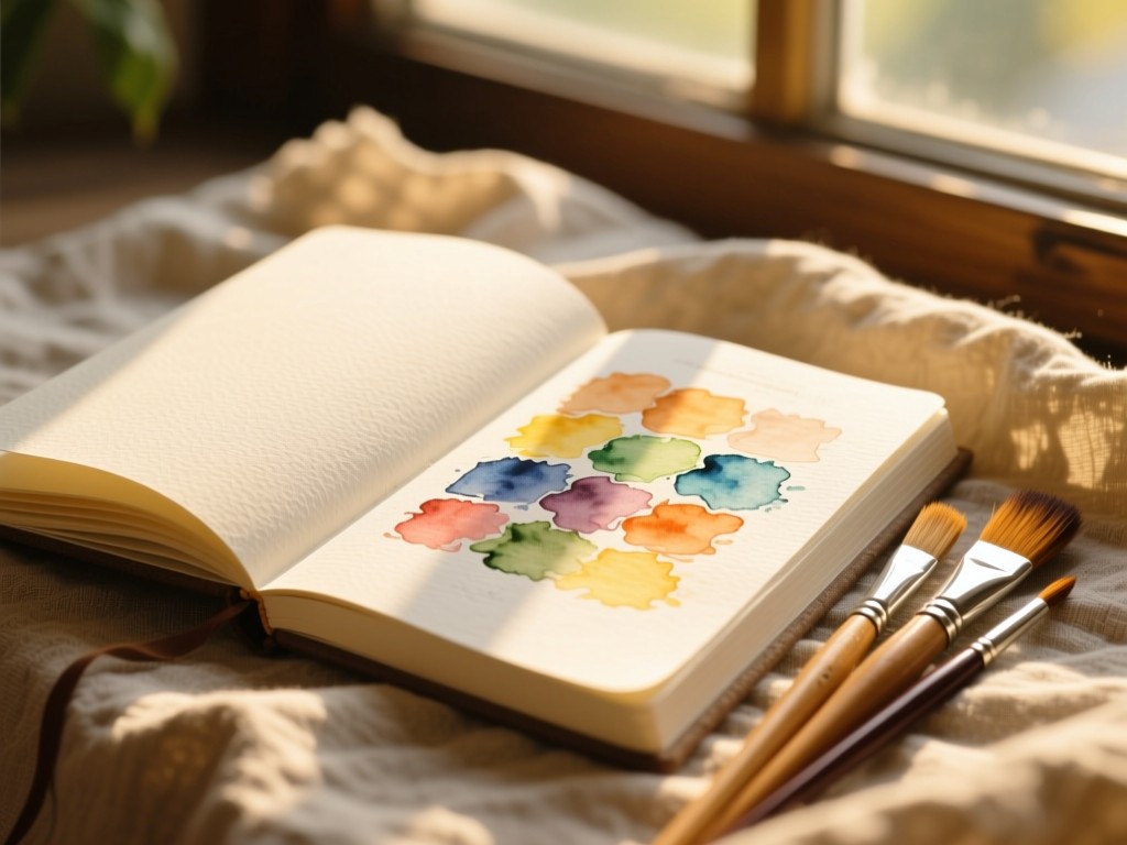 An open sketchbook with watercolor brushes on a linen cloth. Golden sunlight filtering through a window, shallow focus, textured paper visible, no text.