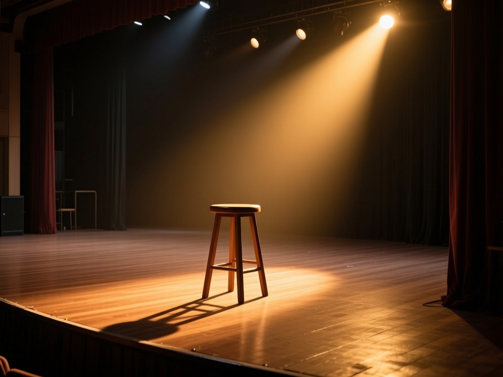 A single spotlight shining on an empty wooden stage stool during golden hour, warm glow, deep shadows, symbolizing presence and opportunity, no people.