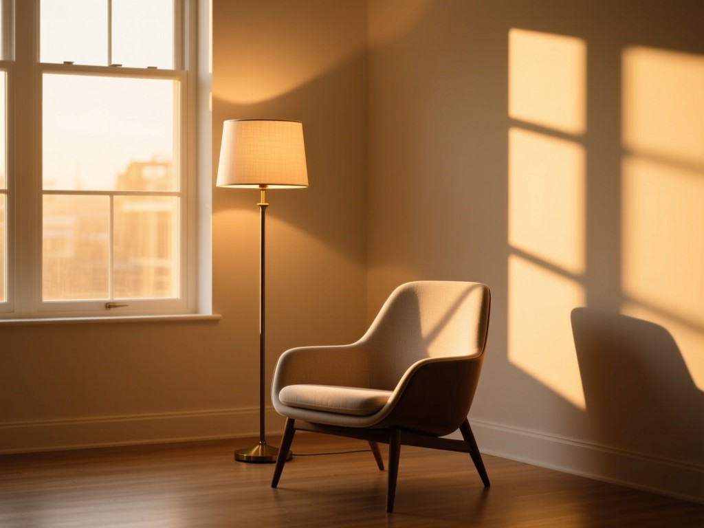 A single elegant floor lamp illuminating an empty designer chair in a sunlit room during golden hour, symbolizing focus and professional presentation, warm light beams through windows, minimalist composition.
