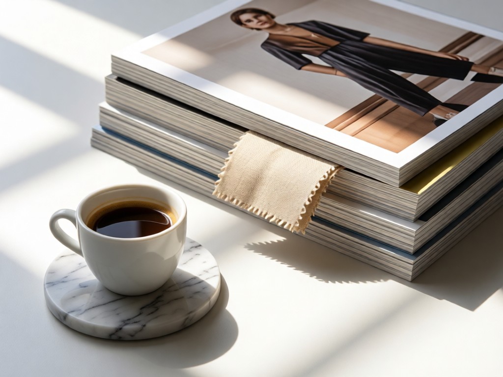 A curated stack of fashion magazines beside a marble coaster holding espresso. Sunlight hits a fabric swatch peeking from pages. Clean, editorial aesthetic. No people.