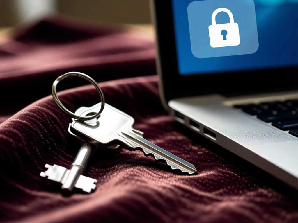 A close-up of a silver key resting on velvet fabric beside a blurred laptop screen showing a locked gallery icon. Soft directional lighting creates depth. No faces visible.