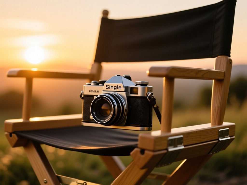 Single vintage film camera on director's chair during sunset, golden light highlighting texture, symbolizing authentic storytelling and legacy.