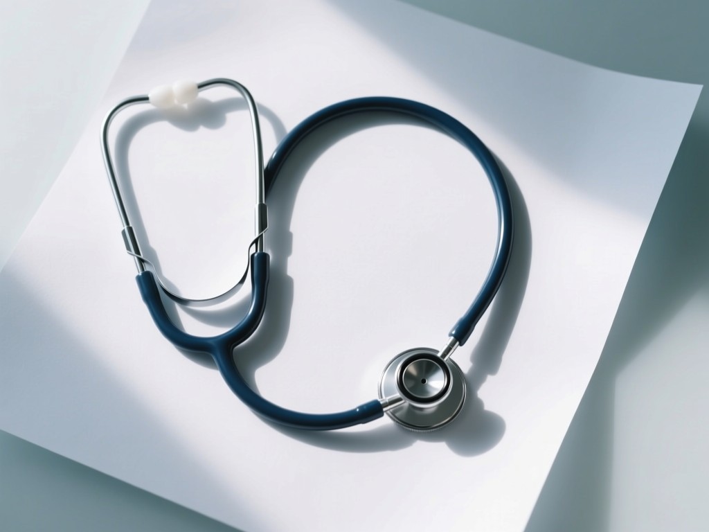 An aerial view of a stethoscope forming a circle on crisp white paper, symbolizing wholeness and accessibility. Soft shadows create depth. Clean medical aesthetic. No people.