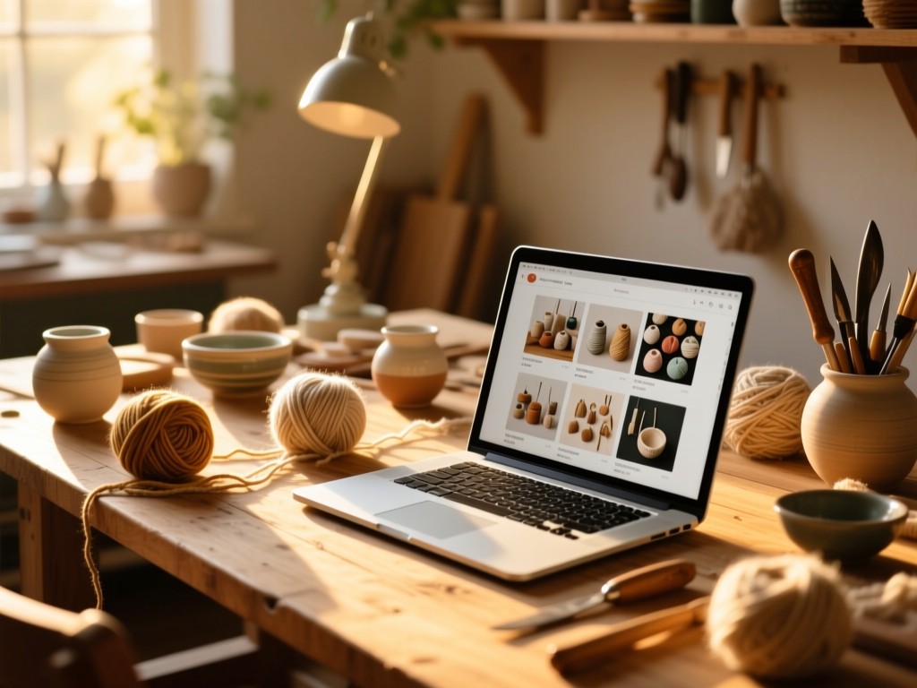 A sunlit wooden worktable with scattered yarn, ceramics, and tools during golden hour. A laptop displays a neatly organized craft gallery. Soft shadows, warm tones, shallow depth of field. No people.