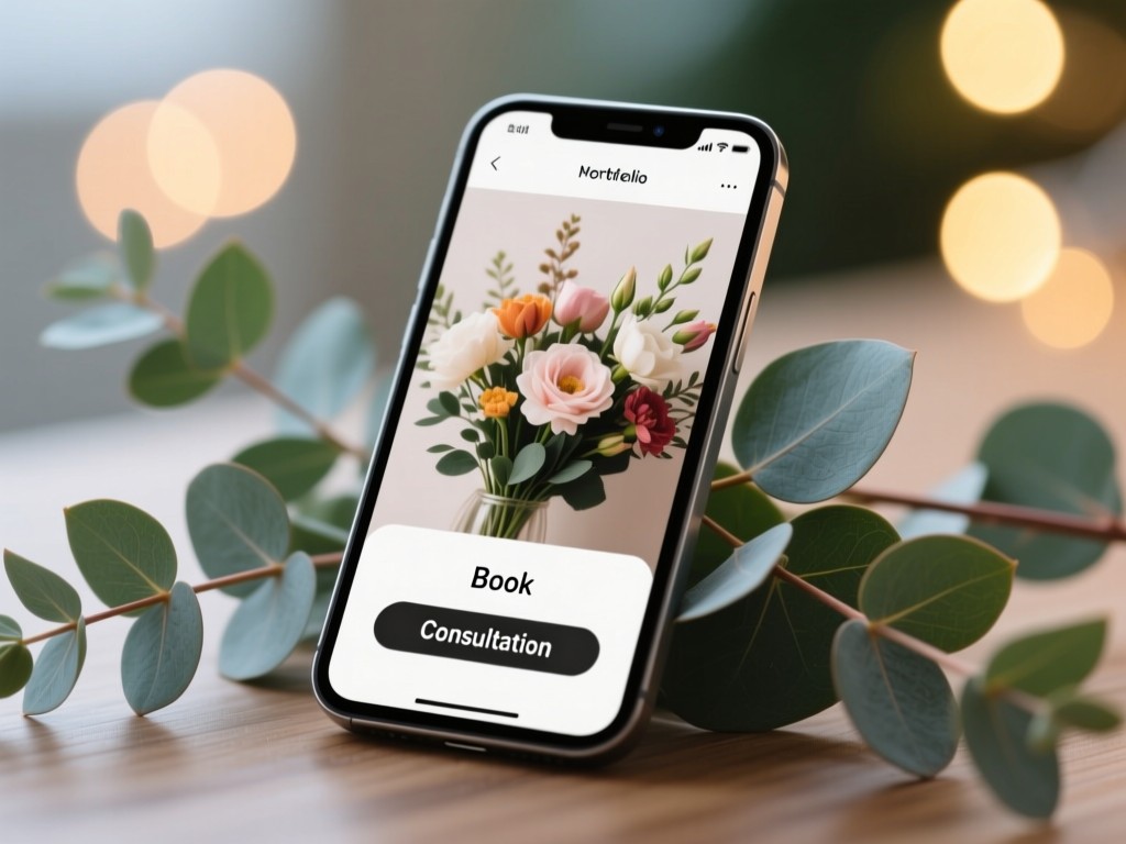 A smartphone displaying a floral portfolio with clear 'Book Consultation' button. Resting on fresh eucalyptus leaves. Soft focus background with bokeh lights. No people.