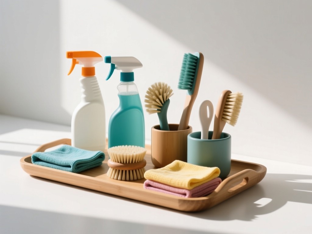 Neatly arranged cleaning tools on a wooden tray: spray bottles, brushes, and cloths in complementary colors. Soft morning light creates gentle shadows on a minimalist white background. No people.