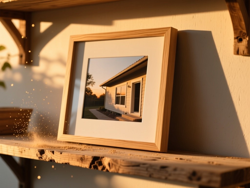 A minimalist photo frame displaying exterior renovation shots on a rustic shelf during sunset, golden light catching dust particles, natural wood grain, soft shadows, no visible content details.