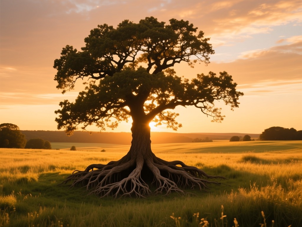 A single resilient oak tree in a sunlit meadow during golden hour, roots spreading deep, symbolizing steadfast activism, warm amber tones, expansive sky.