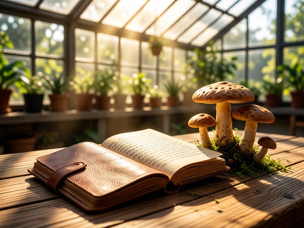 An open leather journal beside mushroom spores on a wooden table. Sunlight streams through a greenhouse window, illuminating handwritten notes. Natural textures and warm light. No people.