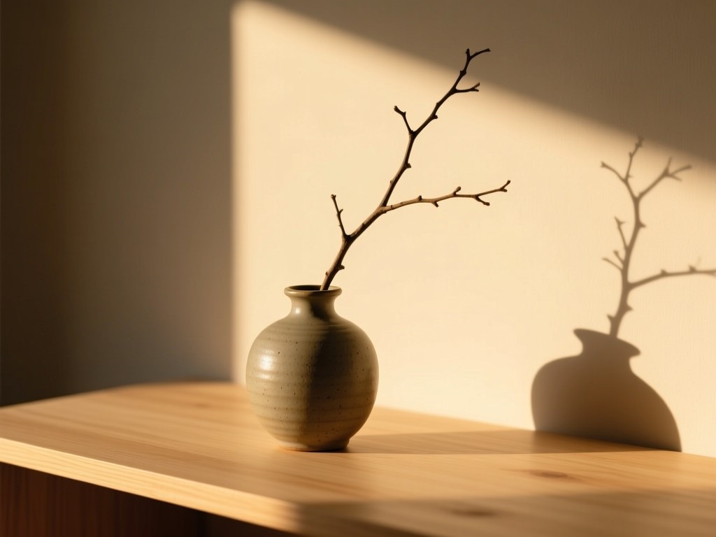 A single ceramic vase holding one branch on a light wood surface during golden hour, soft shadows, ample negative space, symbolizing essentialism, no people or text.