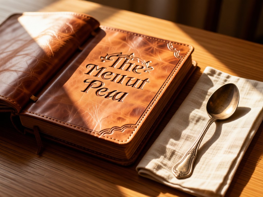 An open leather-bound menu book beside a vintage spoon on a linen napkin. Sunlight highlights engraved text. Warm, inviting atmosphere. No people.