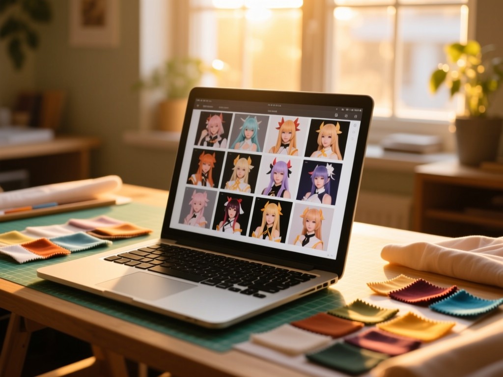 Open laptop on a crafting table during golden hour, screen displaying a grid of cosplay photos, fabric swatches nearby, soft sunlight filtering through window, shallow depth of field, warm tones.